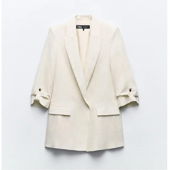 Zara Linen Blend Lightweight Open Front Blazer in Cream Pinstripe Sz Medium - Picture 5 of 16
